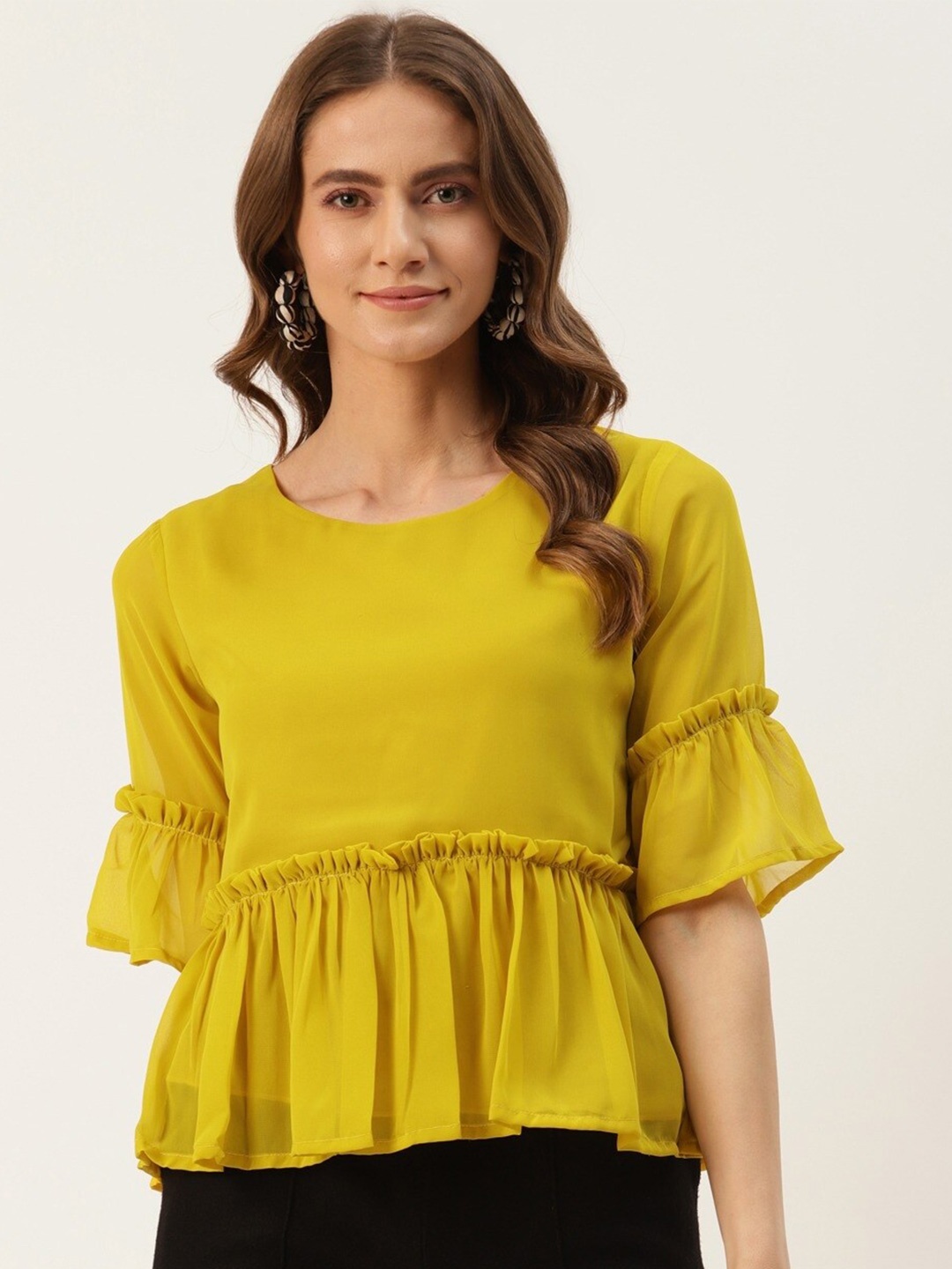 

BAESD Bell Sleeves Gathered Detail Georgette Top, Yellow