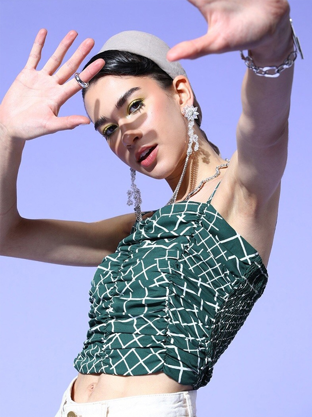 

BAESD Abstract Printed Shoulder Straps Smocking Detail Crop Top, Green