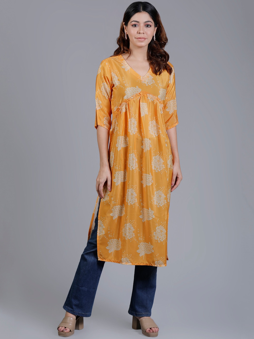 

V TRADITION Floral Printed Straight Empire Kurta, Yellow