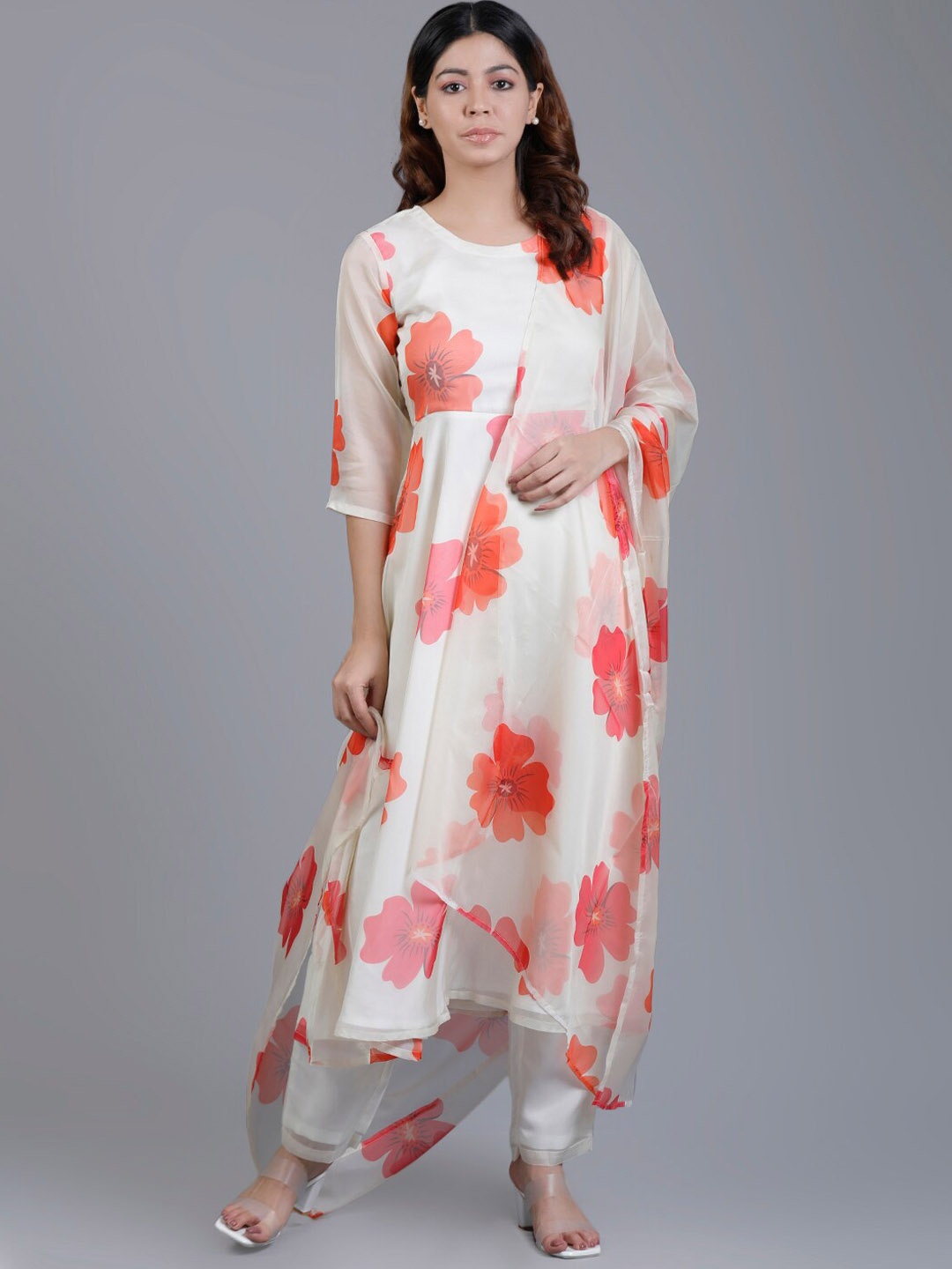 

V TRADITION Floral Printed Organza Kurta with Trousers & Dupatta, Cream
