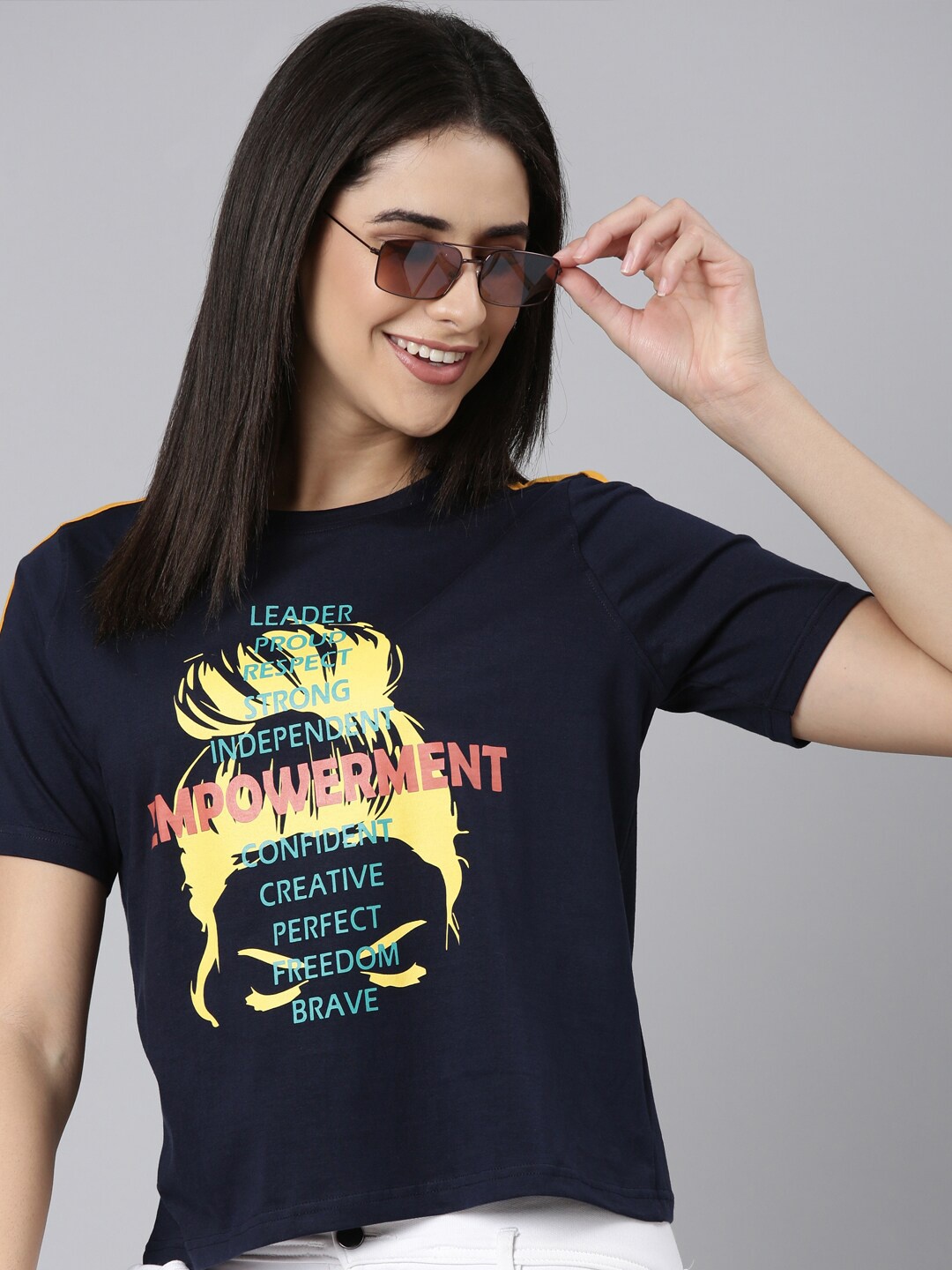 

Kryptic Typography Printed Relaxed Fit Cropped Pure Cotton T-shirt, Navy blue