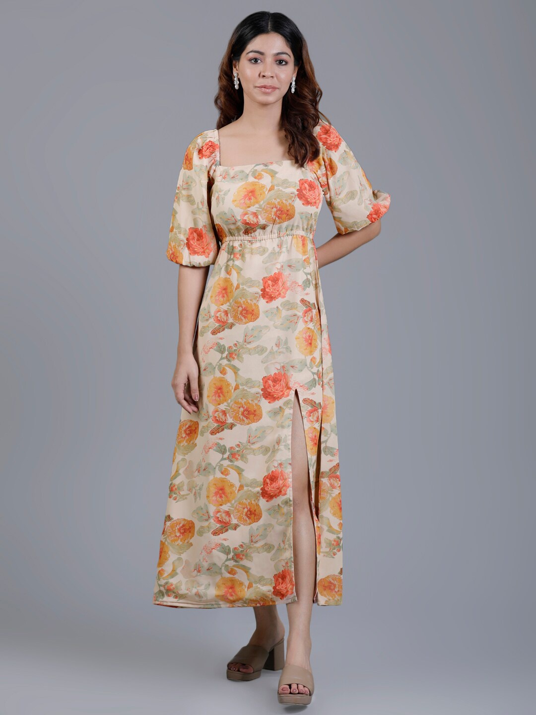 

V TRADITION Floral Printed Square Neck Maxi Dress, Beige
