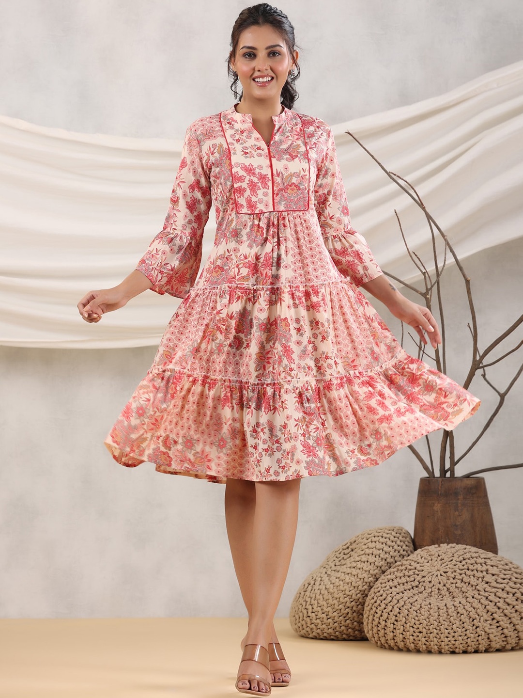 

Rain & Rainbow Floral Printed Pure Cotton Flared Ethnic Dress, Peach