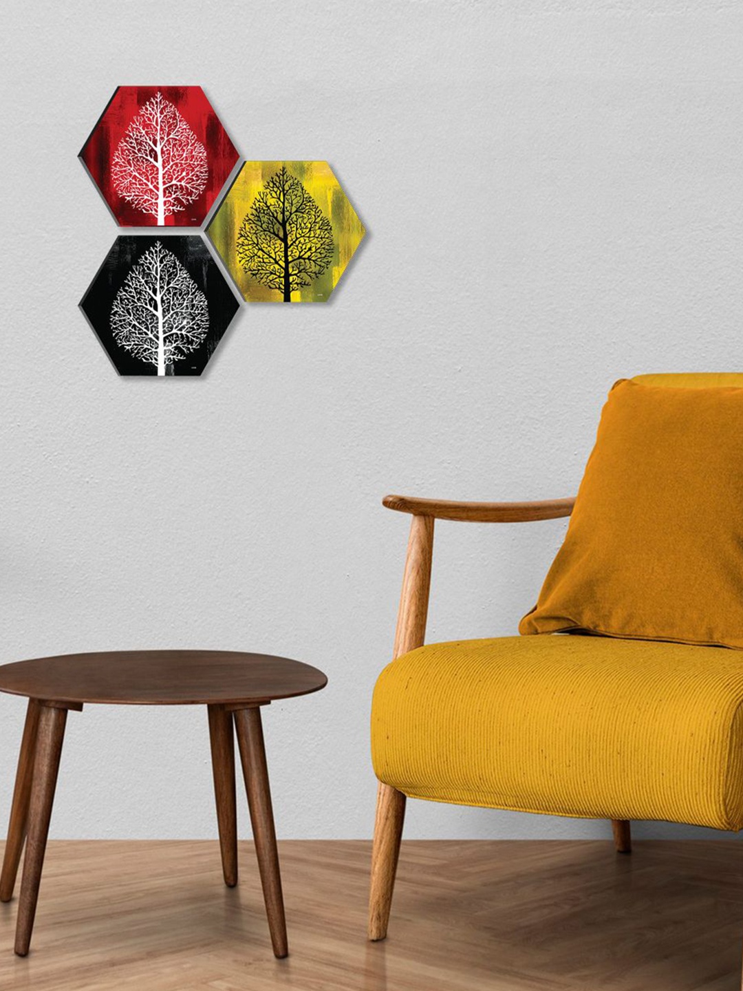 

SAF Red & Black 3 Pieces Leaves Hexagon UV Coating Painted Wall Arts