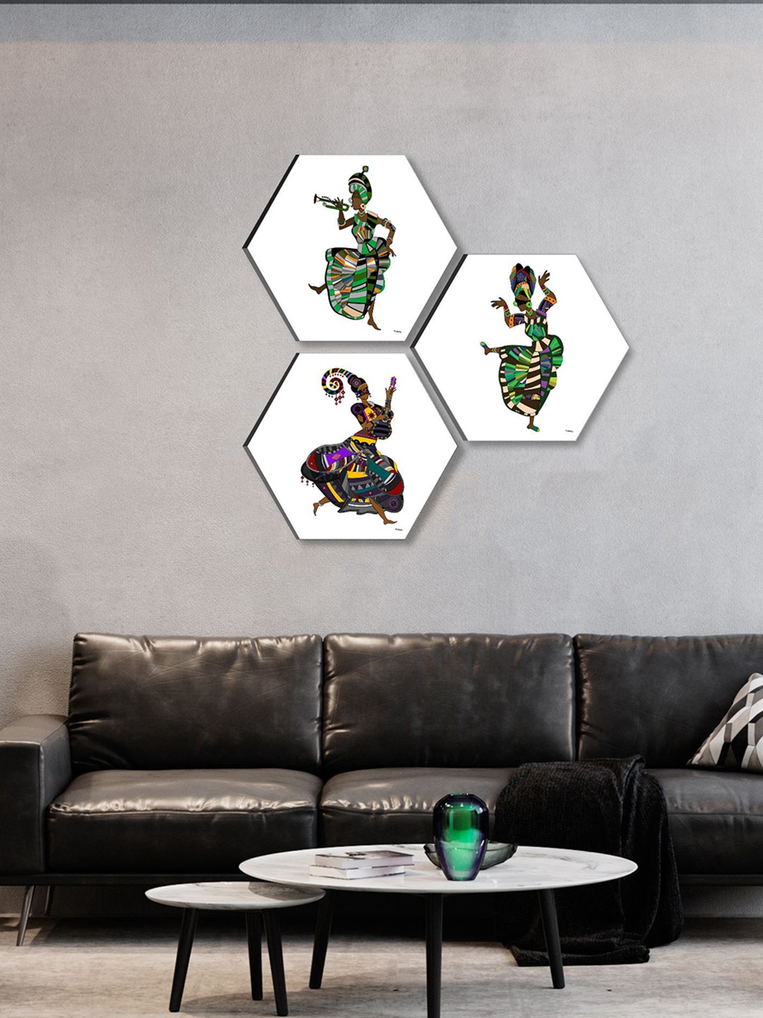 

SAF White & Green 3 Pieces Tribal Art Printed UV Coating Wall Painting
