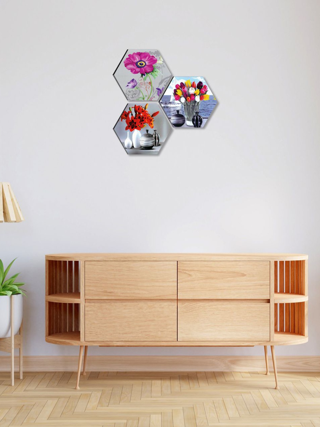 

SAF Grey & Pink 3 Pieces Flower Pot Printed UV Coating Wall Art