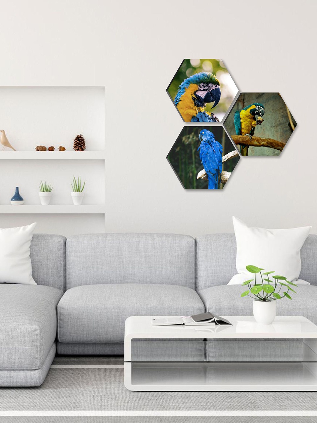 

SAF Navy-Blue and Yellow 3 Pieces Parrot Printed UV Coating Wall Painting