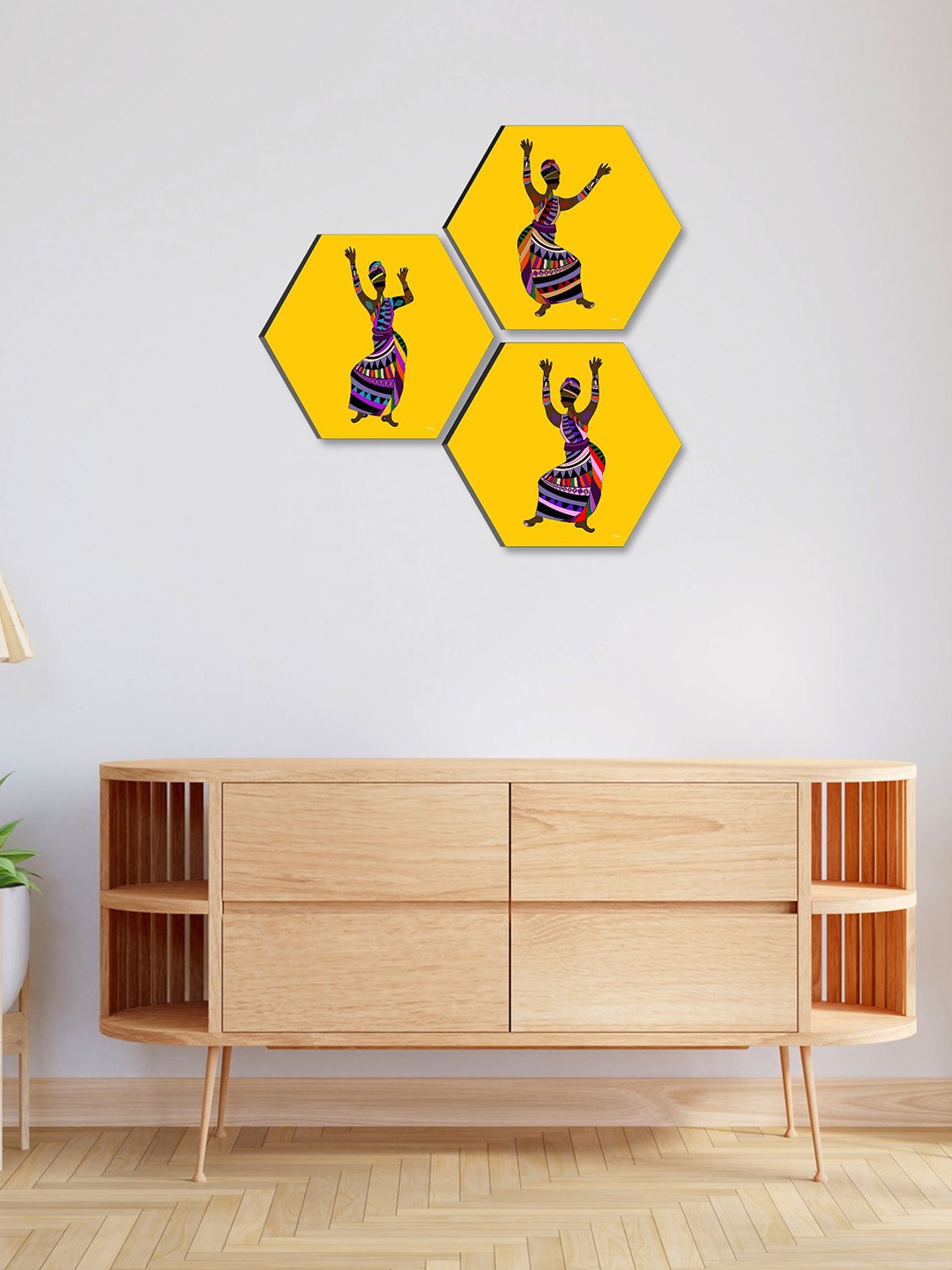

SAF Yellow & Purple 3 Pieces Tribal Art Printed UV Coating Wall Art