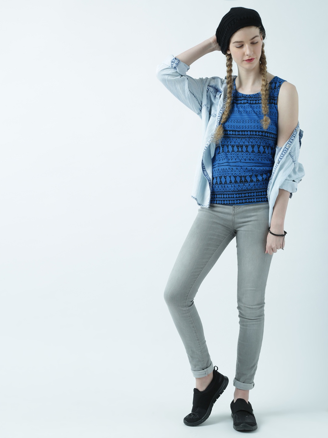 Huetrap Women Blue & Black Printed Tank Pure Cotton Top
