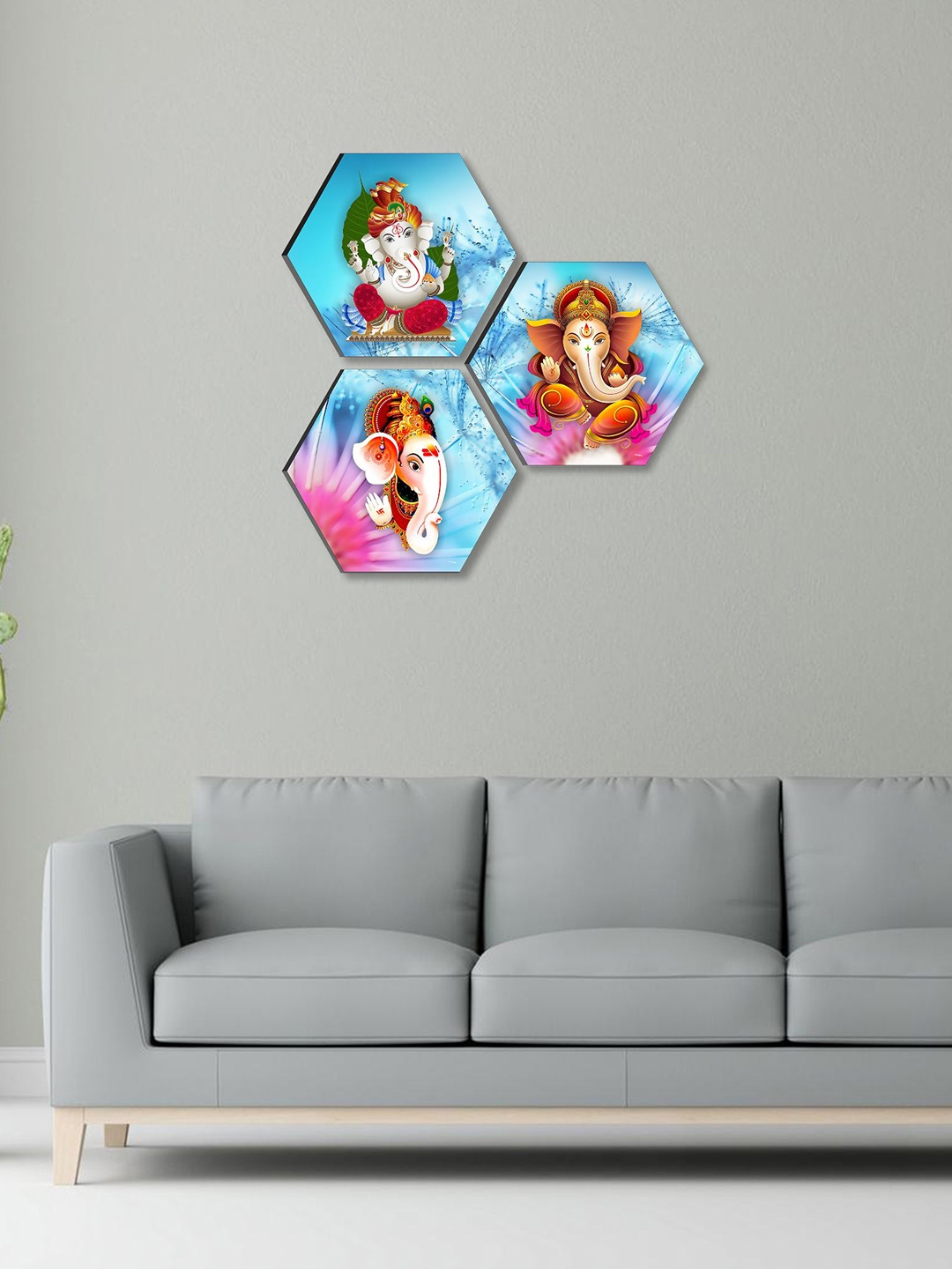 

SAF Blue & Pink 3 Pieces Lord Ganesha UV Textured Self adhesive Wall Art Painting