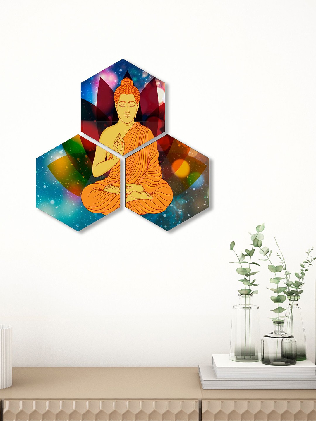 

SAF Blue & Orange 3 Pieces Lord Buddha UV Textured Self adhesive Painting Wall Arts