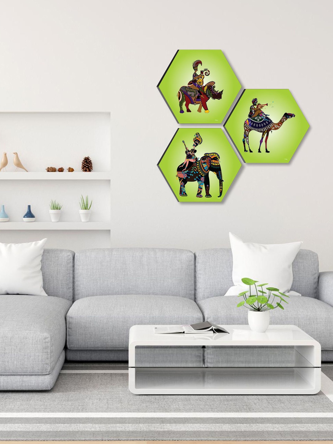 

SAF Green & Brown 3 Pieces Tribal Art UV Textured Self adhesive Wall Art Painting