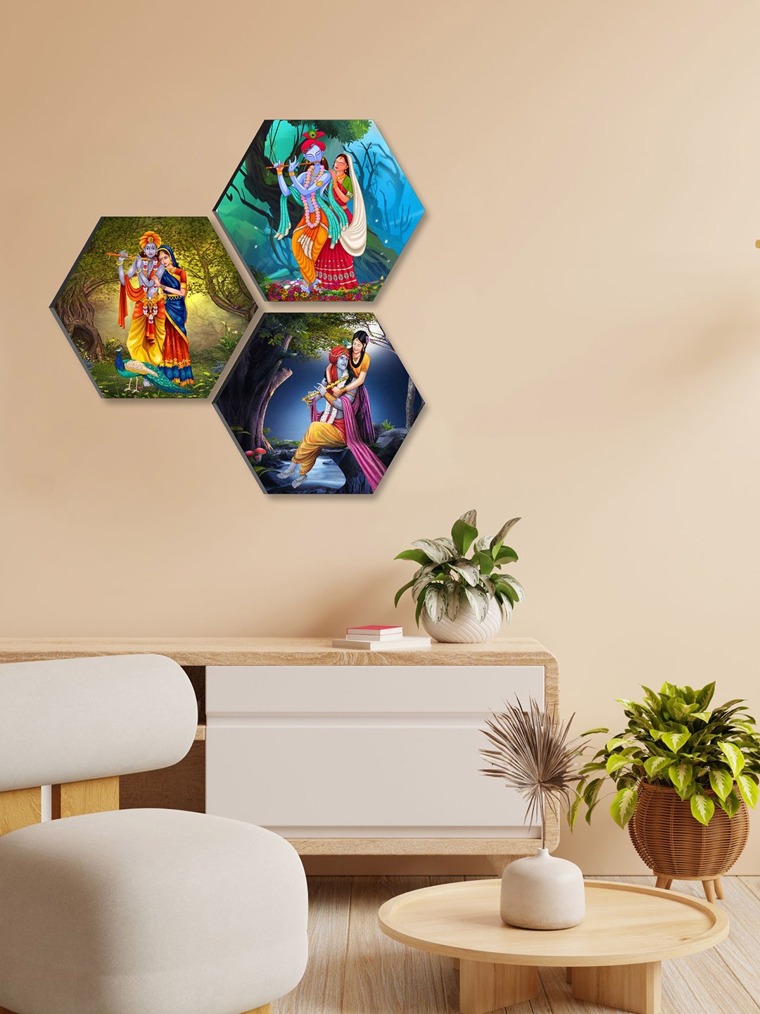 

SAF Blue & Green 3 Pieces Radha Krishna Printed UV Coating Wall Art