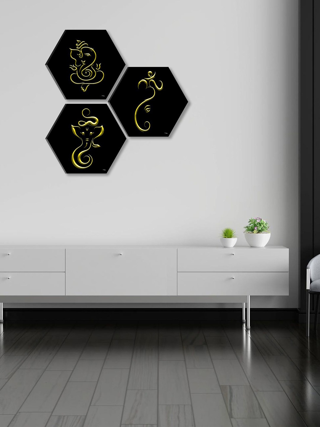 

SAF Black & Yellow 3 Pieces Lord Ganesha Printed UV Coating Wall Art, Blue
