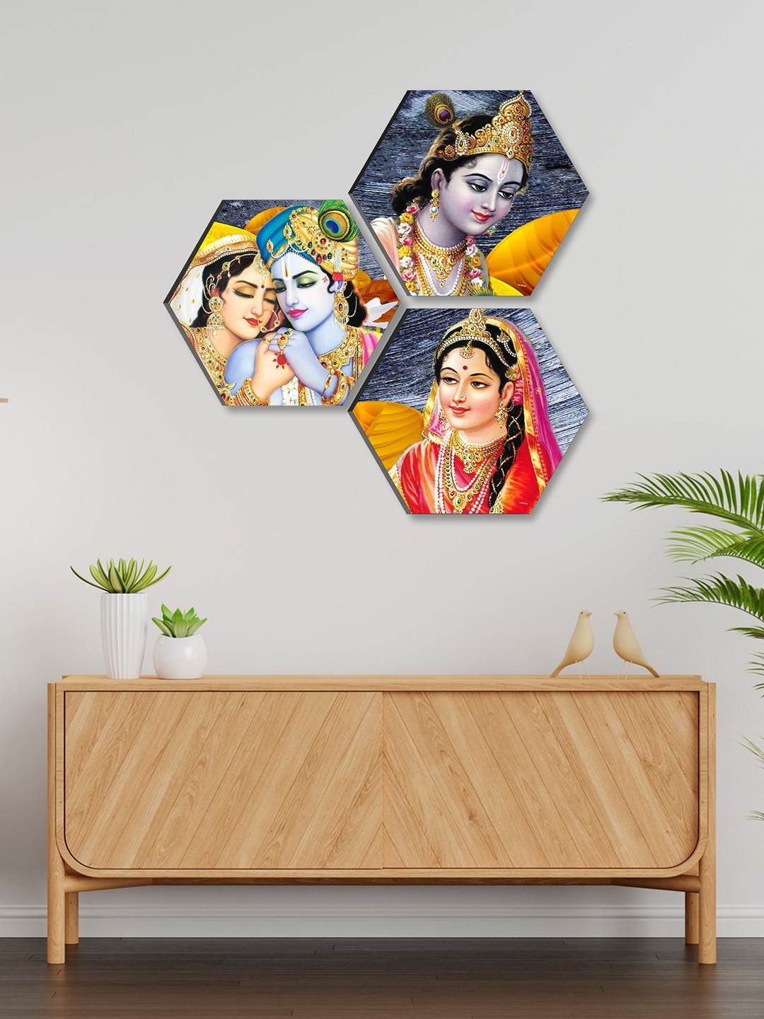 

SAF Grey & Yellow 3 Pieces Radha Krishna Printed UV Coating Wall Art