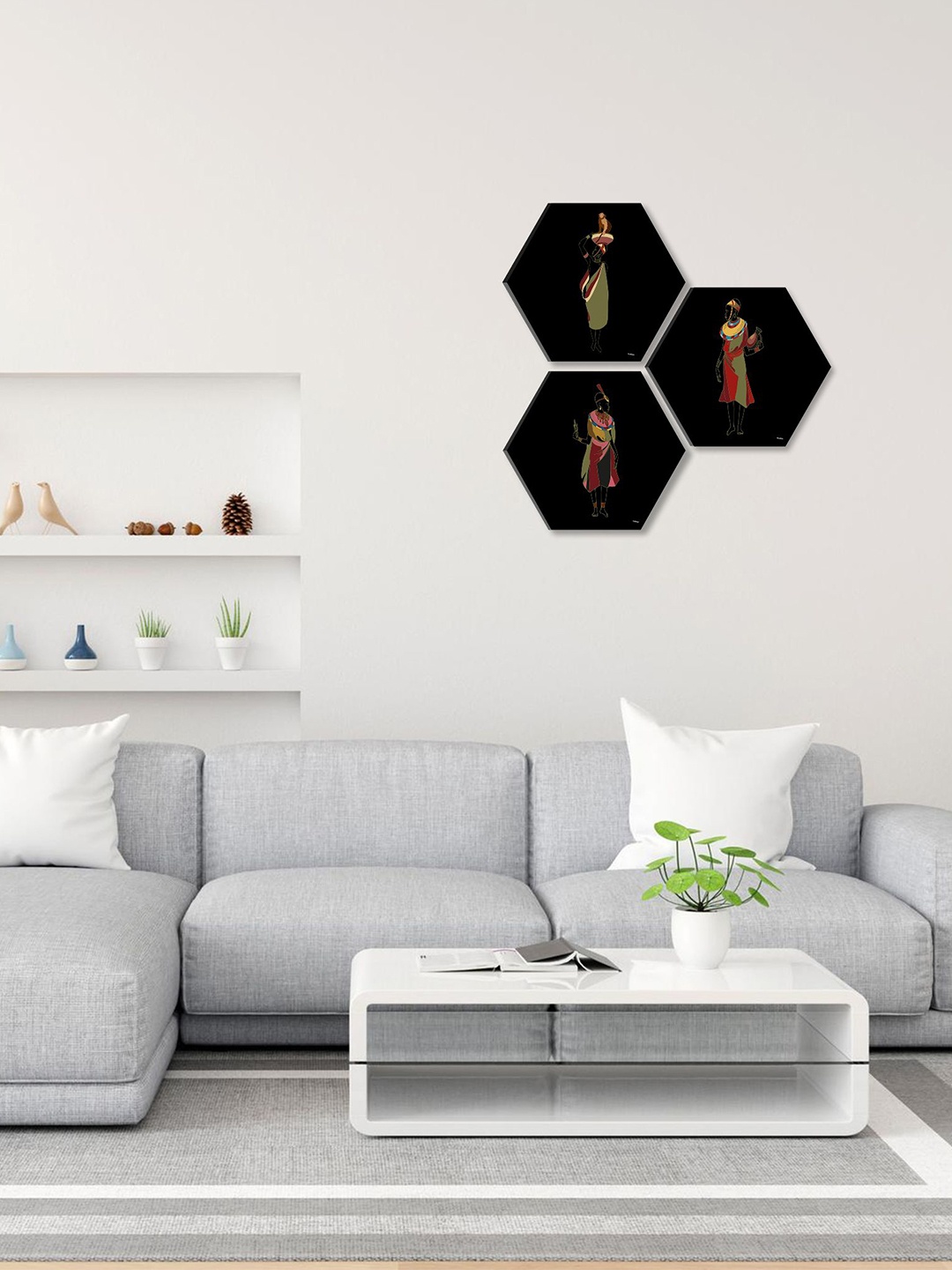 

SAF Black & Green 3 Pieces Tribal Art Printed UV Coating Wall Art