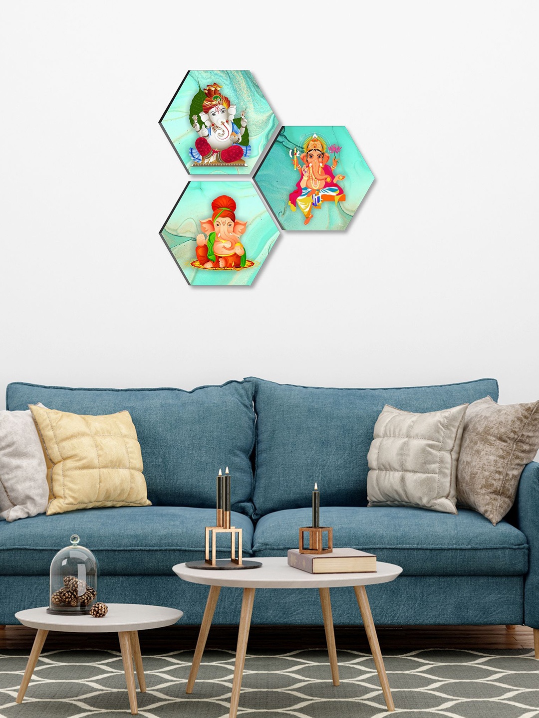 

SAF Blue & Red 3 Pieces Lord Ganesha UV Textured Self adhesive Wall Art Painting
