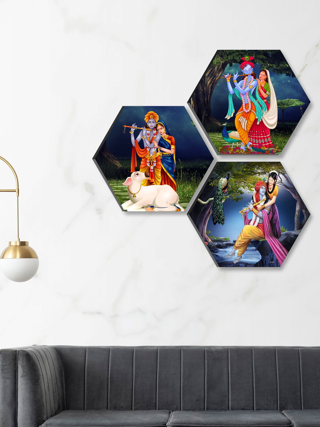 

SAF Blue & Orange 3 Pieces Radha Krishna Printed UV Coating Wall Art