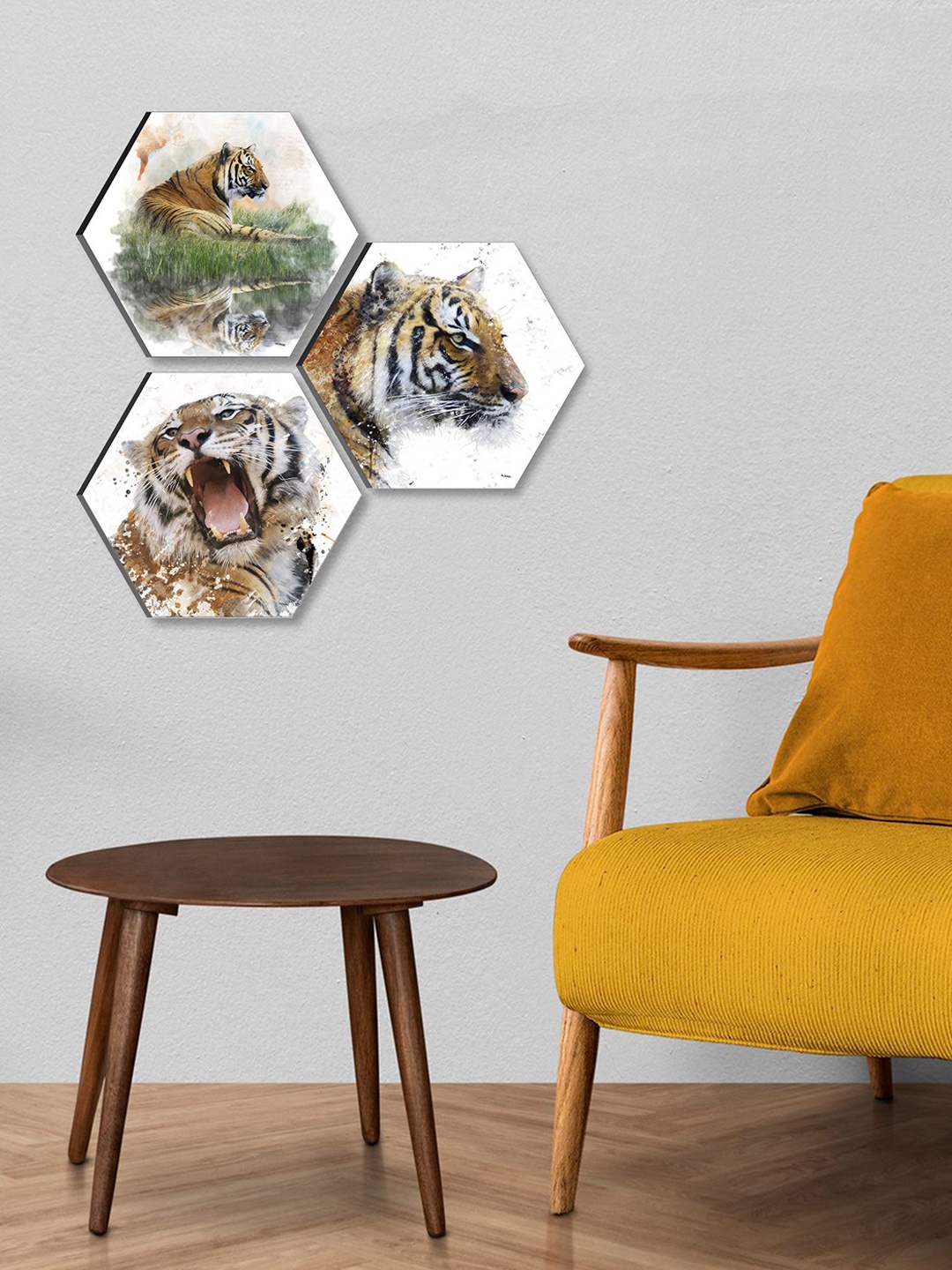 

SAF White & Brown 3 Pieces Tiger Printed UV Coating Wall Art