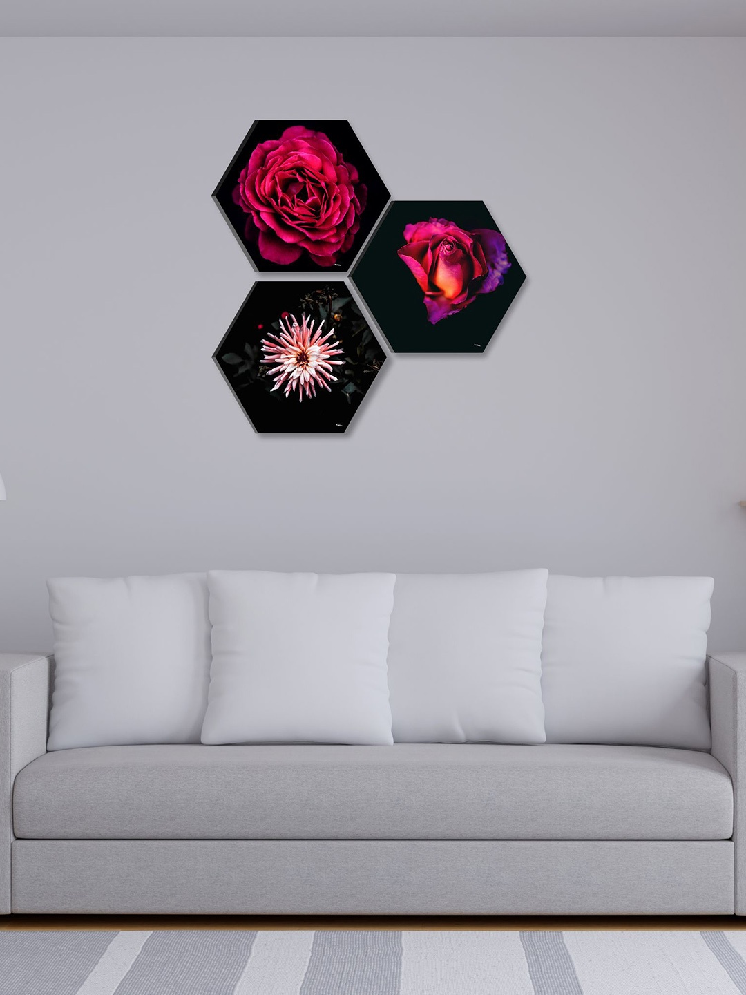 

SAF Black & Red 3 Pieces Flowers Printed UV Coating Wall Art