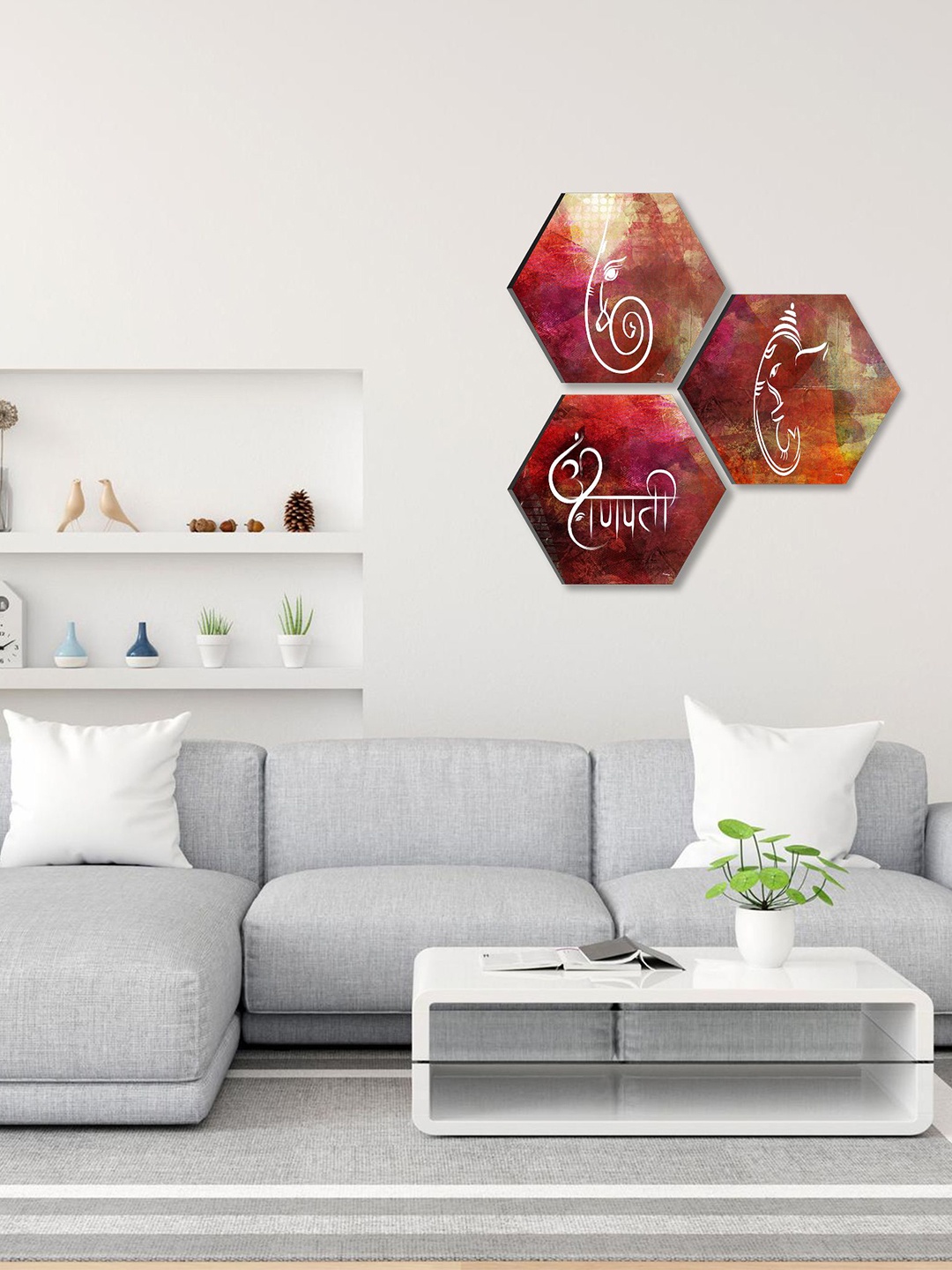 

SAF Red & White 3 Pieces Lord Ganesha UV Textured Self adhesive Wall Art Painting