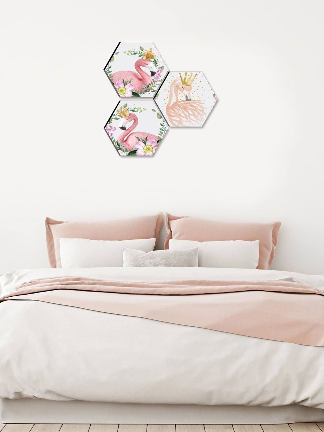 

SAF White & Pink 3 Pieces Flamingo Printed UV Coating Wall Art