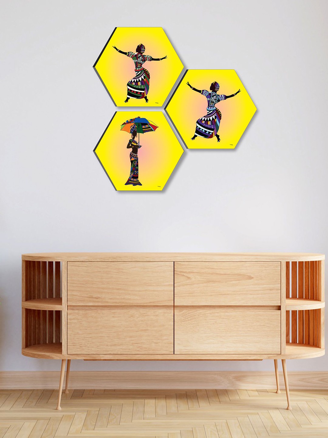 

SAF Yellow 3 Pieces Hexagon Painting Framed Wall Art