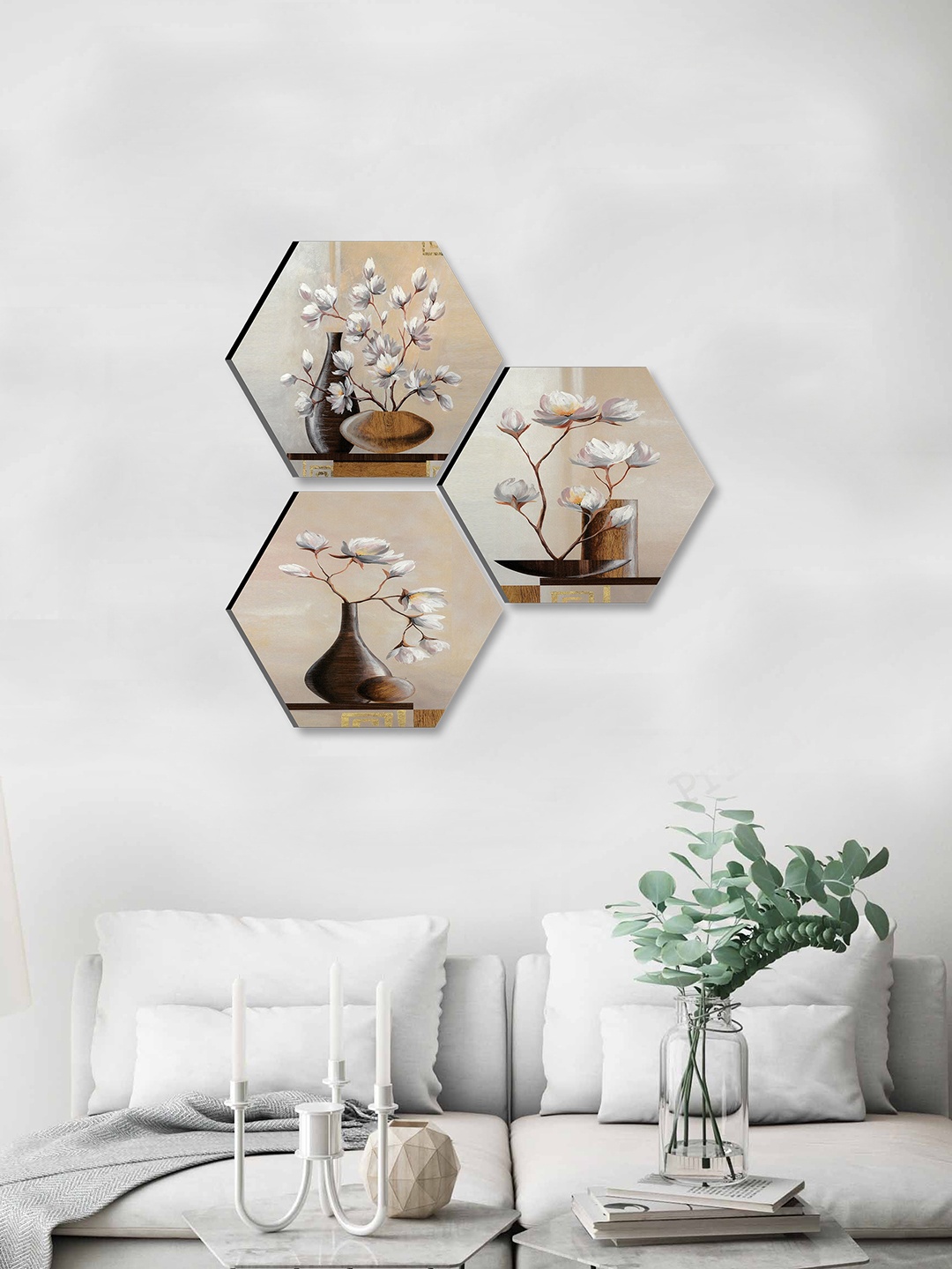 

SAF White & Brown 3 Pieces Flower Pot Printed UV Coating Wall Art