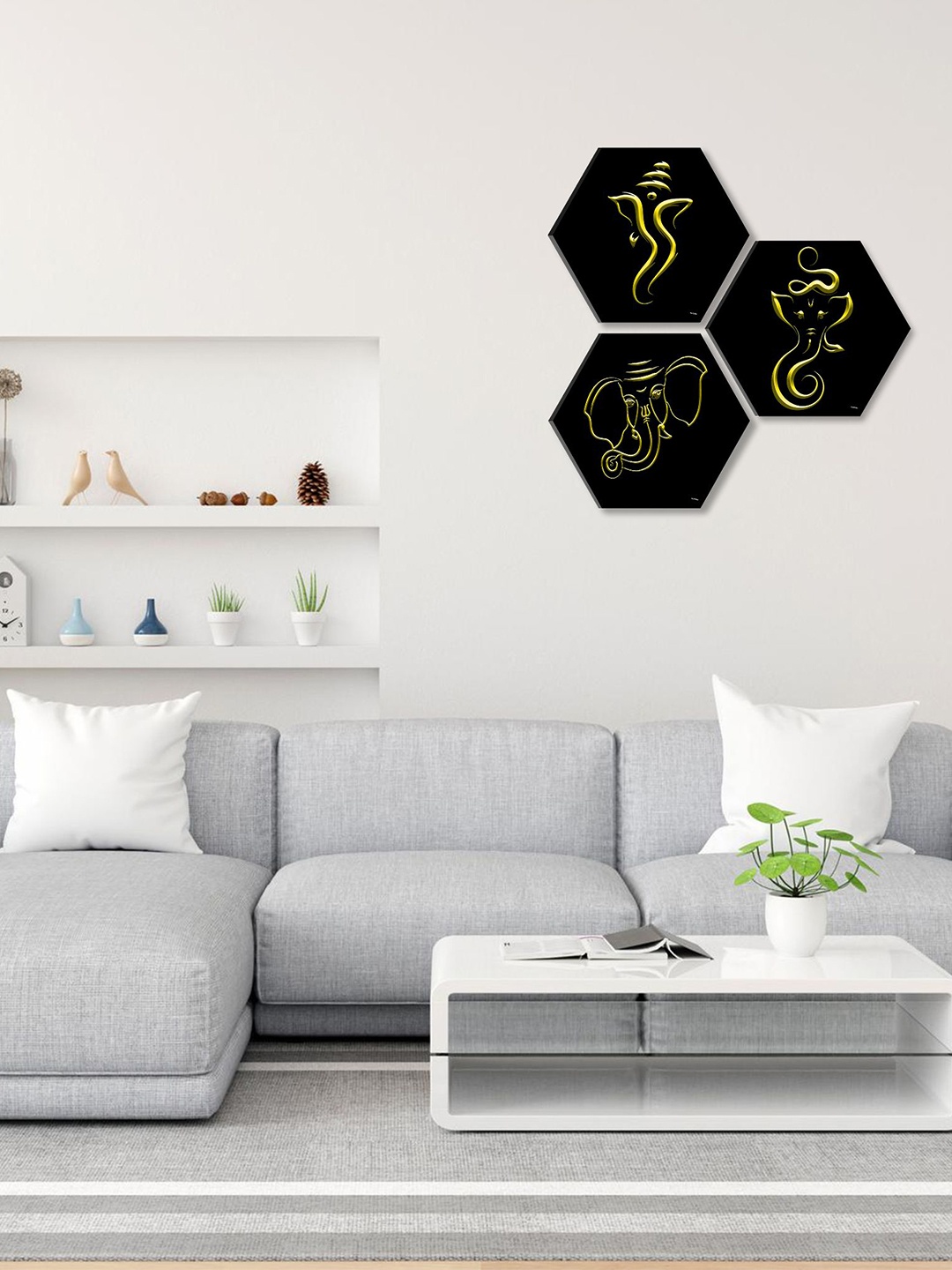 

SAF 3 Pcs Black & Yellow Lord Ganesha Hexagon UV Textured Self Adhesive Painting Wall Art