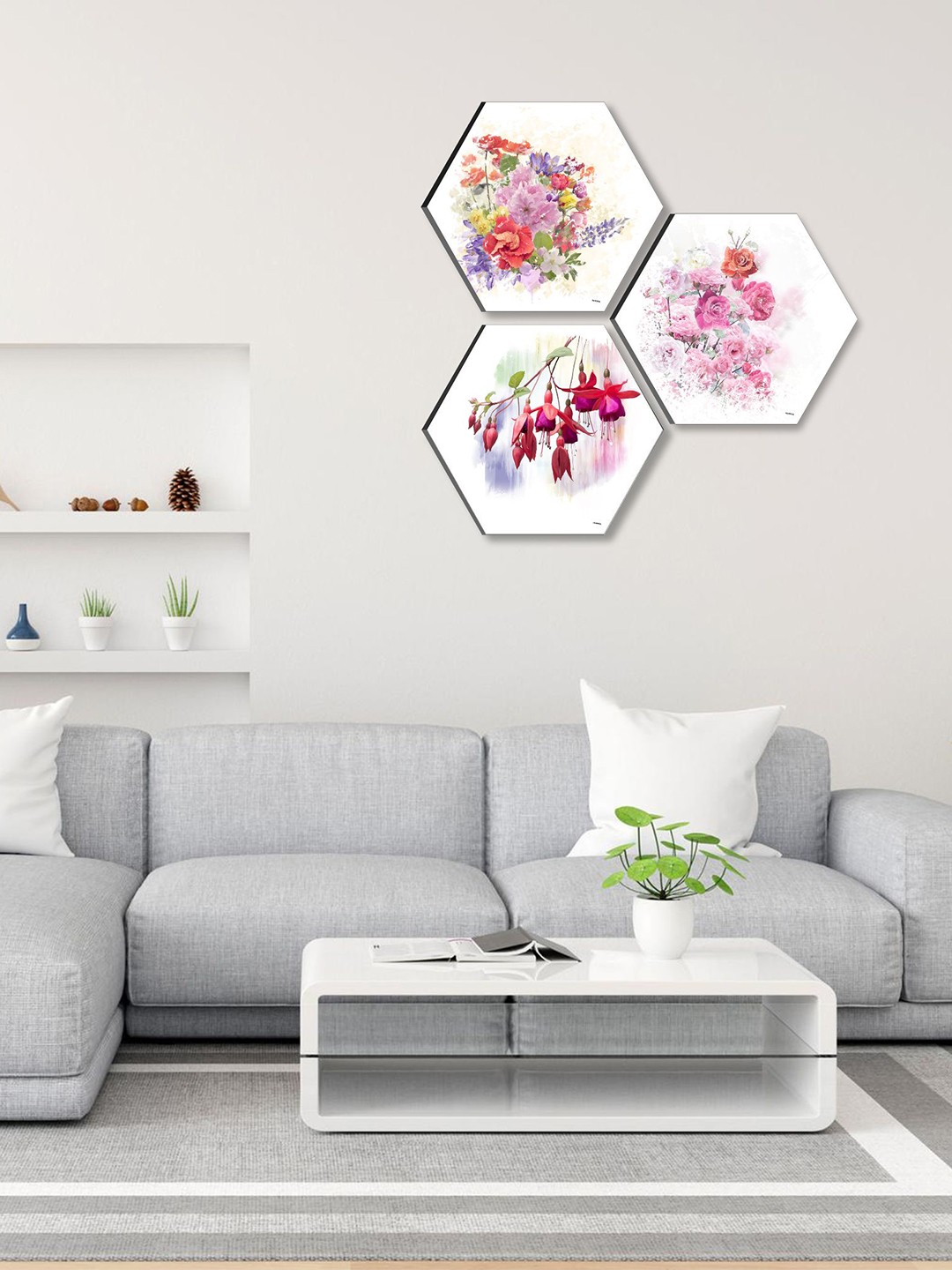 

SAF White 3 Pieces Floral Printed Self Adhesive Wall Art, Multi