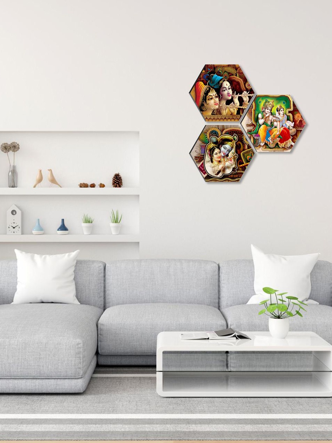 

SAF Beige & Green 3 Pieces Radha Krishna Hexagon UV Textured Painting Wall Art
