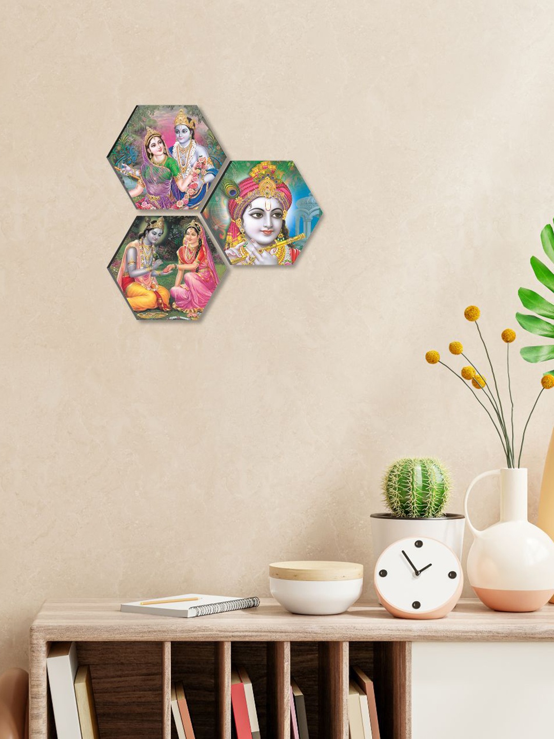 

SAF Blue 3 Pieces Hexagon Radha Krishna Wall Painting, Yellow