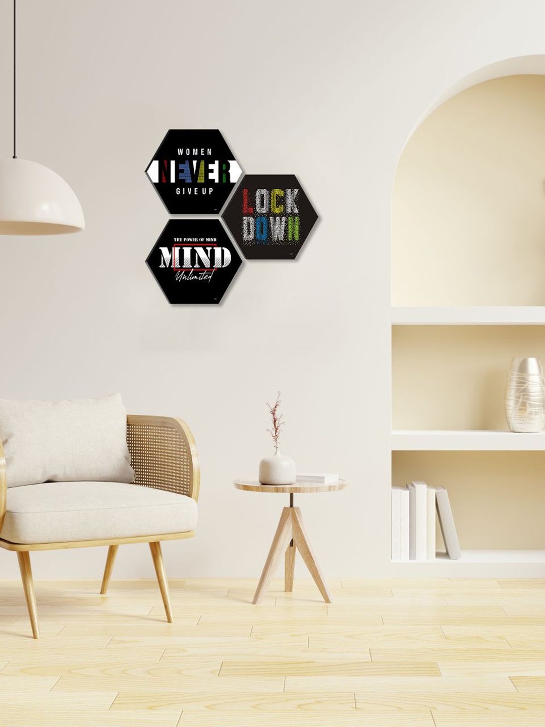 

SAF Black & White 3 Pieces Motivational Quotes Hexagon Self Adhesive Wooden Wall Arts