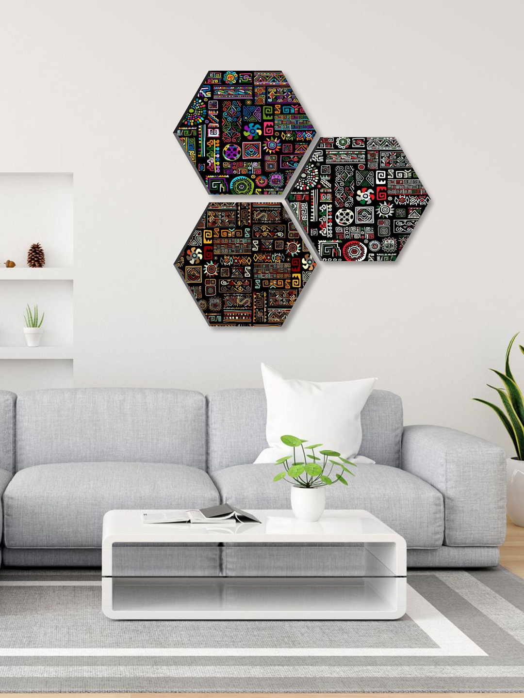 

SAF Black & White 3 Pieces Hexagon UV Textured Painting Wall Art