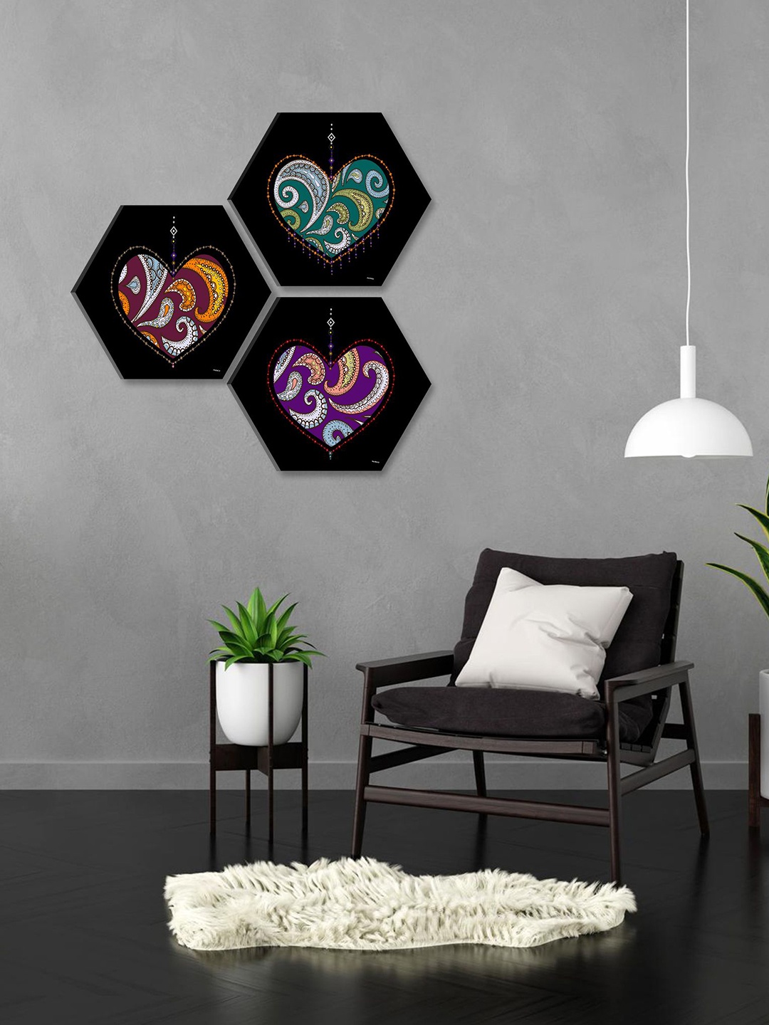 

SAF Black 3 Pieces Traditional Art Hexagon Painting Framed Wall Art