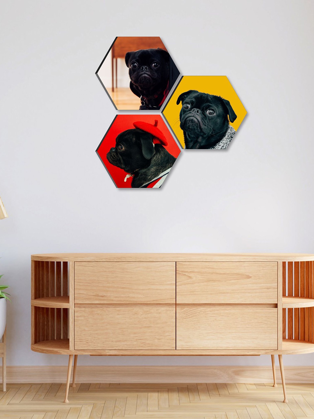 

SAF Black, Red & Yellow 3 Pieces Lord Cute Pug Hexagon UV Textured Wall Art
