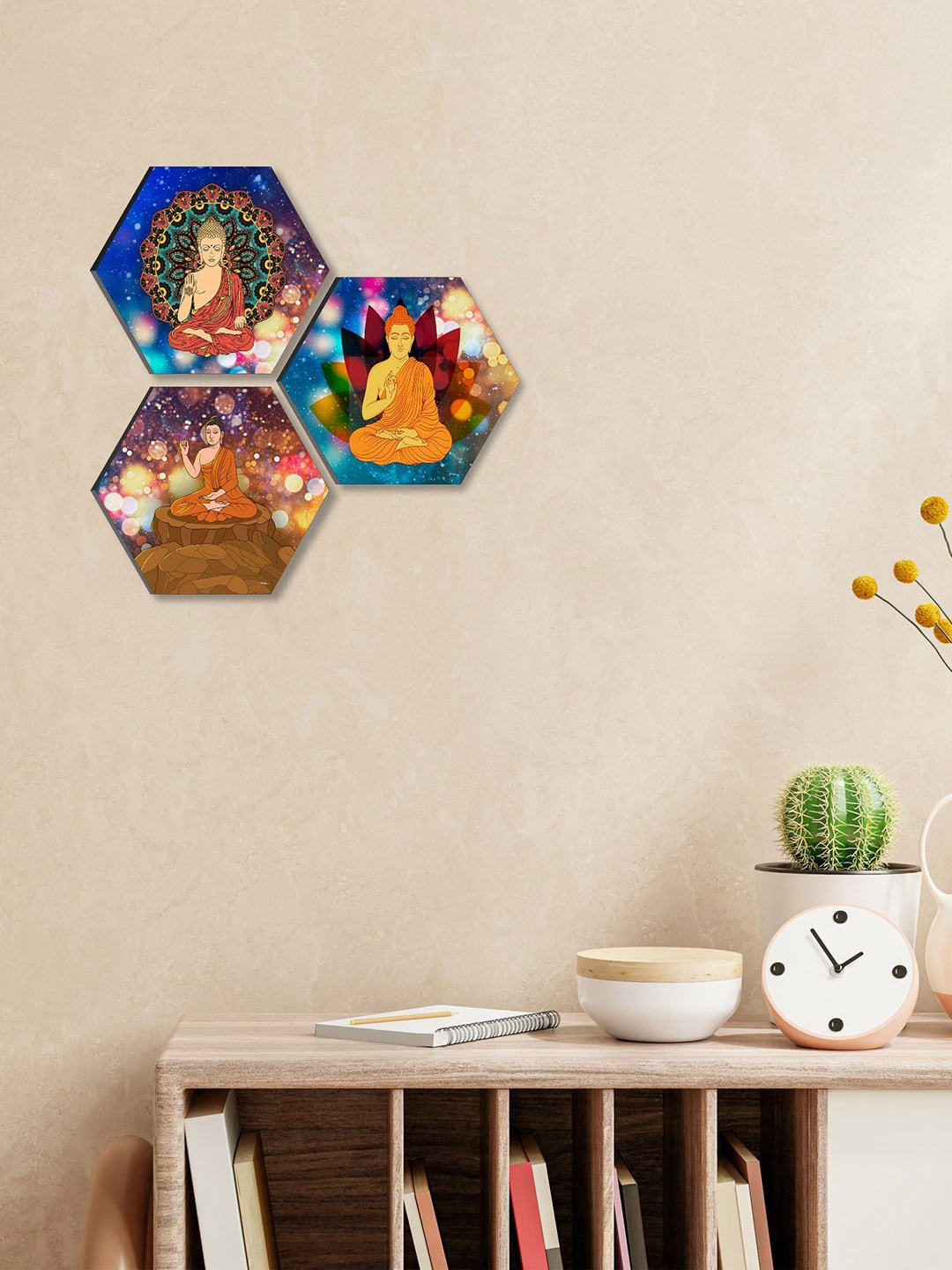 

SAF Blue & Orange 3 Pieces Lord Buddha Printed UV Textured Wall Painting