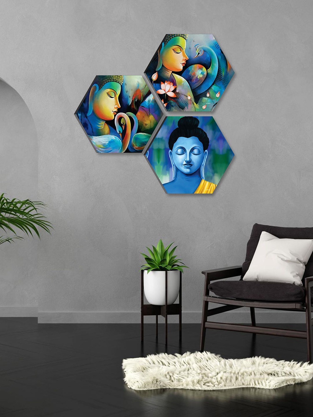 

SAF Blue & Yellow 3 Pieces Lord Buddha Hexagon Painting Framed Wall Art