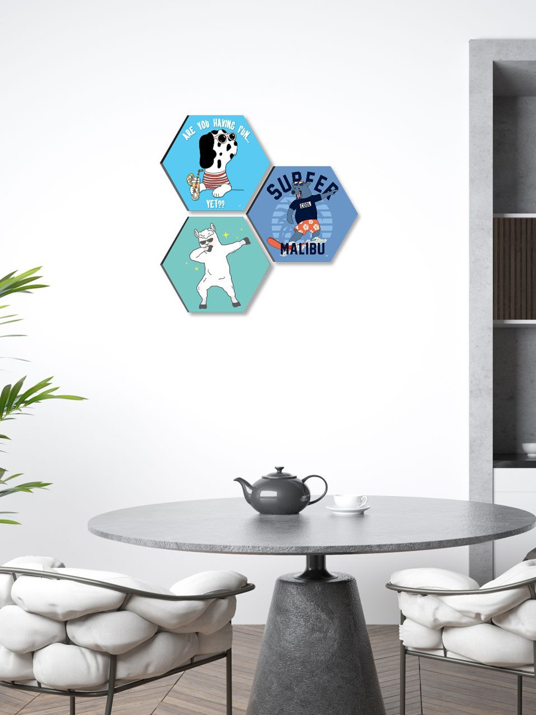 

SAF Blue & White 3 Pieces Kids Room Hexagon Painting Framed Wall Art