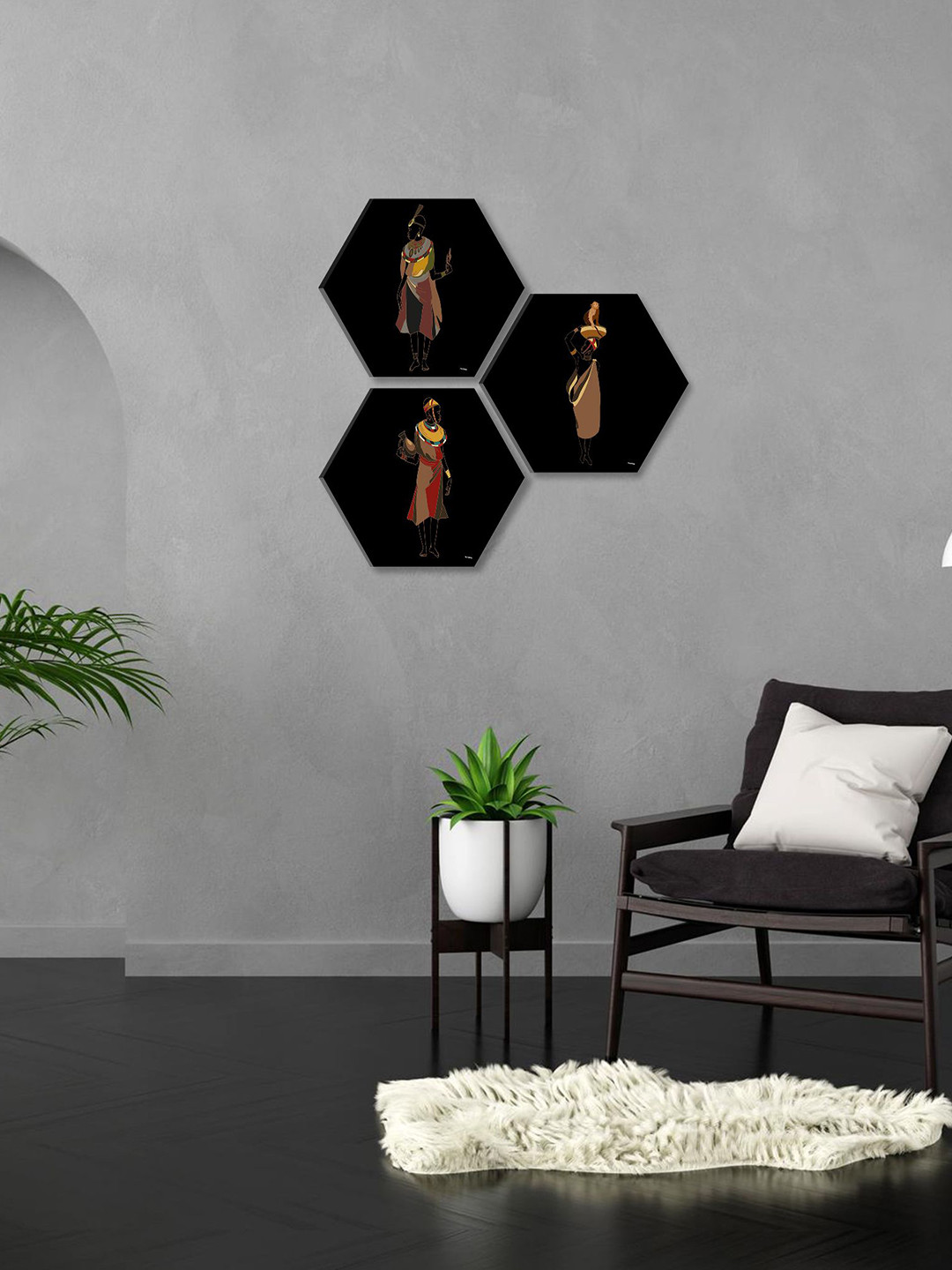 

SAF Beige & Black 3 Pieces Trible Painting Hexagon UV Textured Wall Art