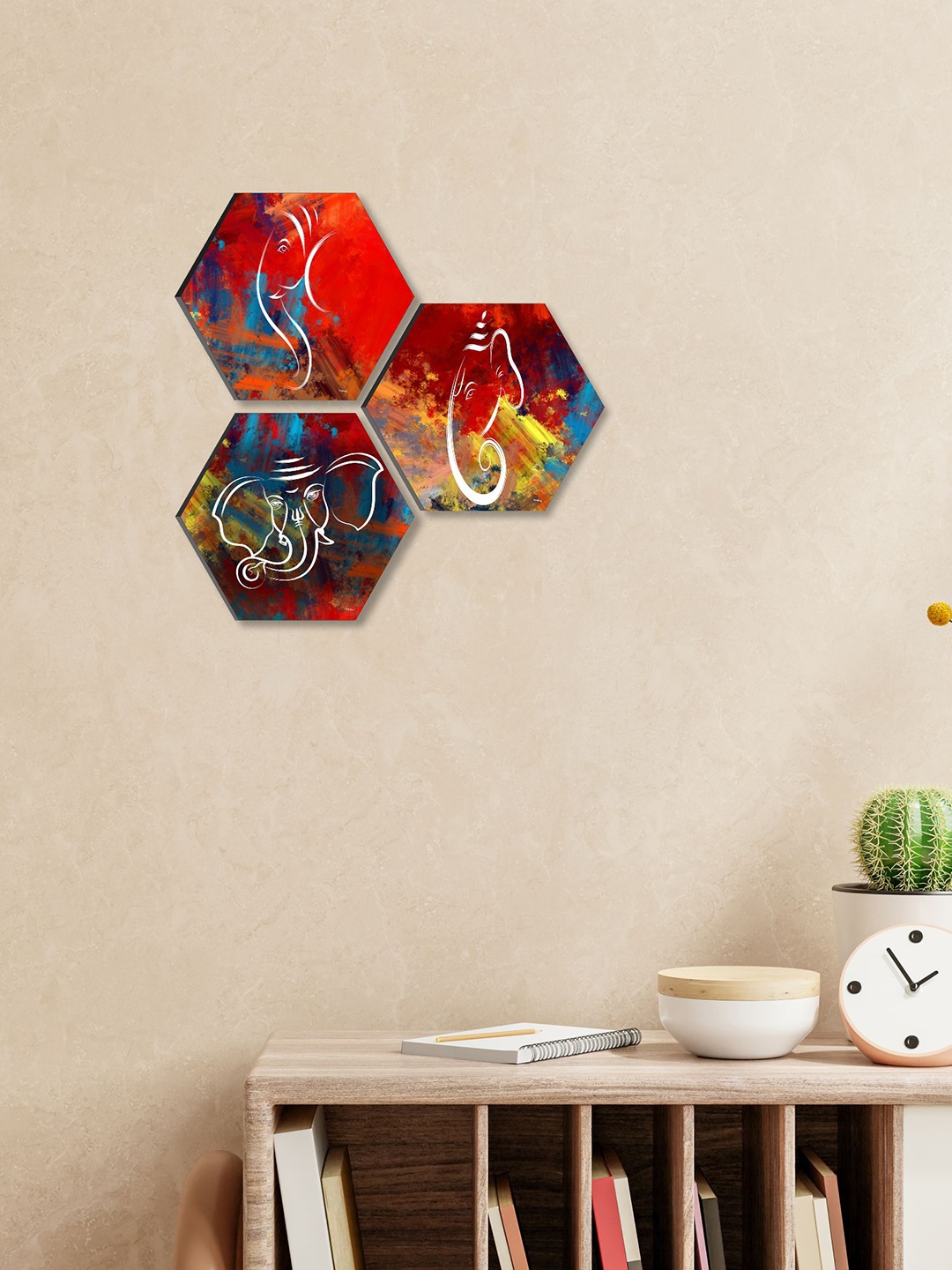 

SAF Red & White 3 Pieces Lord Ganesha Painting Hexagon UV Textured Wall Art