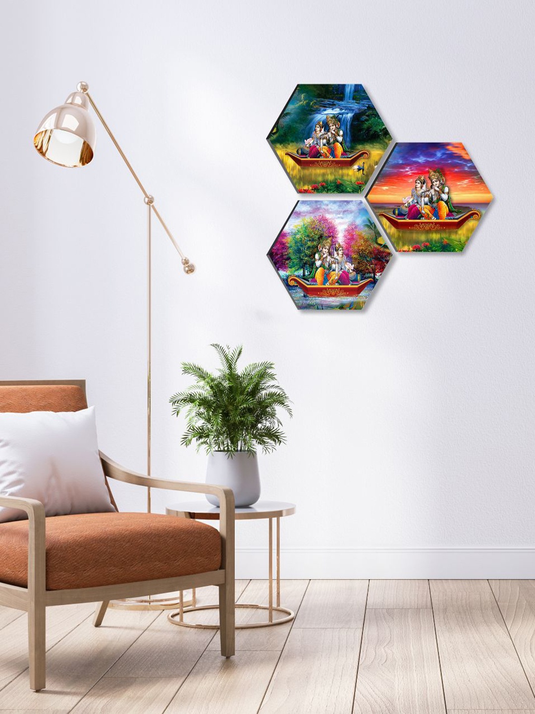 

SAF Blue & Red 3 Pieces Radha Krishna Hexagon Painting Framed Wall Art