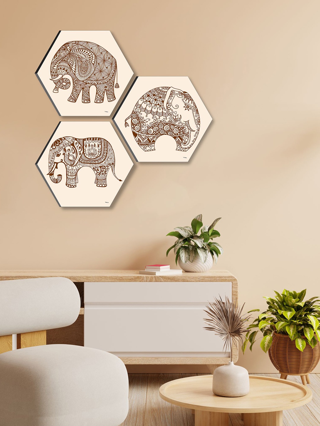 

SAF Beige & Brown 3 Pieces Traditional Elephant Painting Hexagon-Shaped Wall Art