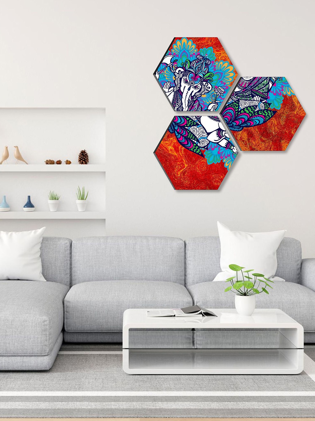 

SAF Blue & Red 3 Pieces Lord Ganesha Painting Hexagon UV Textured Wall Art