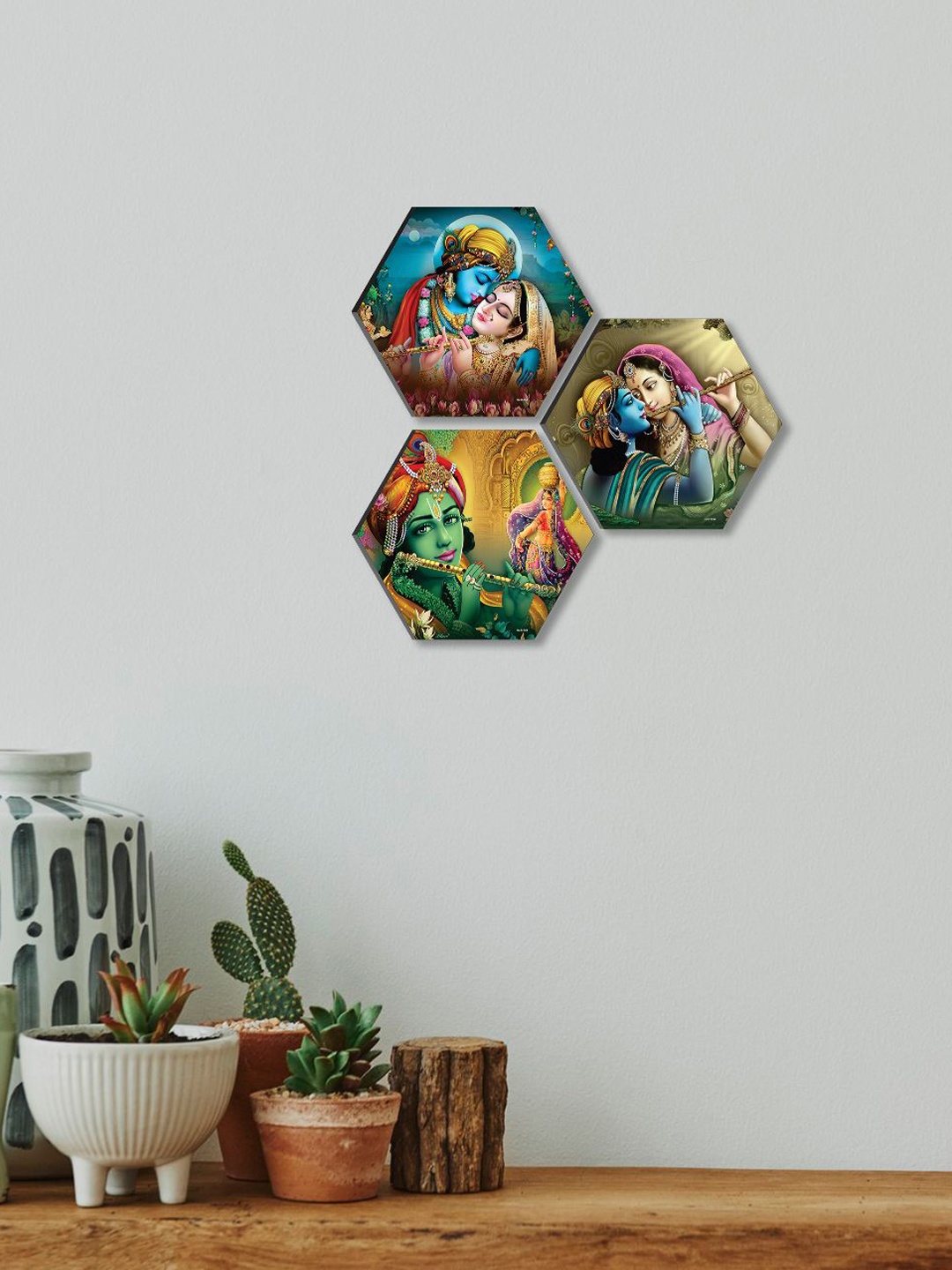 

SAF Yellow & Blue 3 Pieces Radha Krishna Hexagon Painting Framed Wall Art