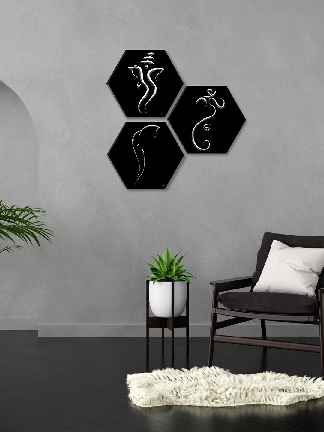 

SAF Black & White 3 Pieces Lord Ganesha Hexagon UV Textured Self adhesive Wall Art