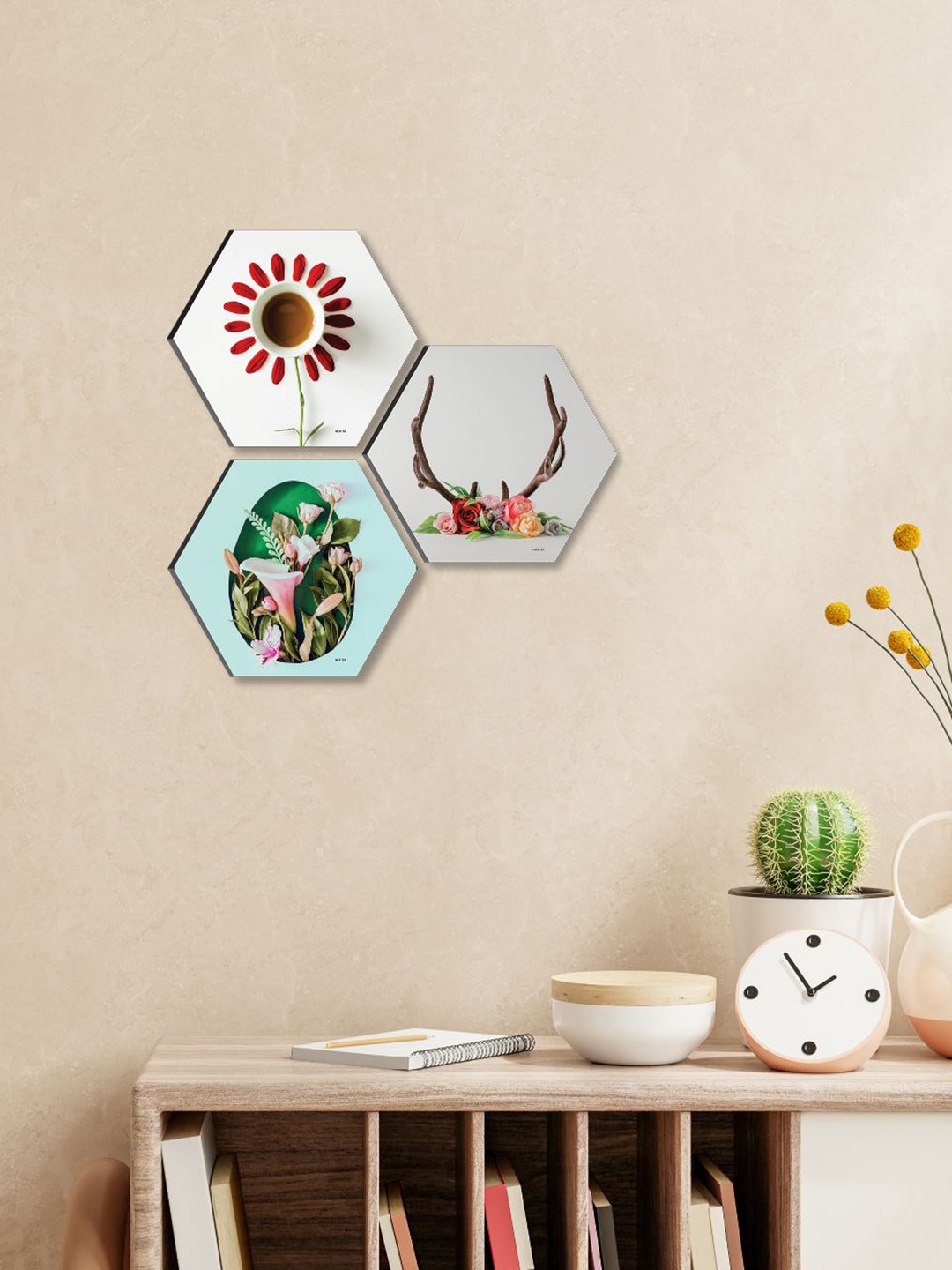 

SAF White 3 Pieces Hexagon Floral Wall Art