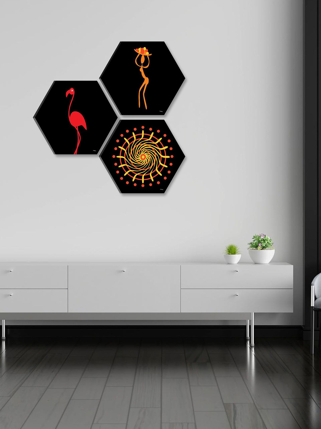

SAF Black 3 Pieces Hexagon UV Textured Self adhesive Flamingo Wall Painting