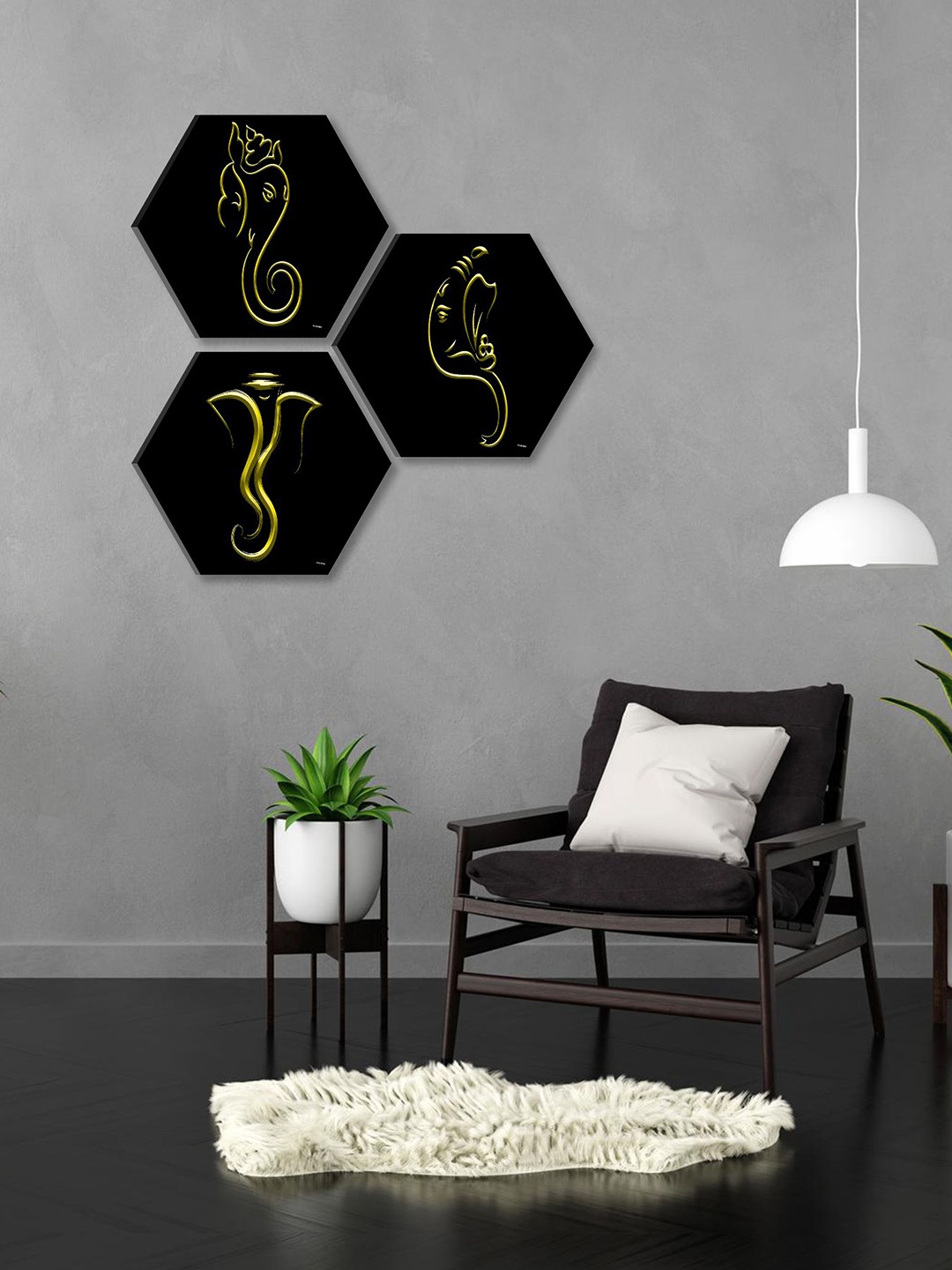 

SAF Black & Yellow 3 Pieces Lord Ganesha Painting Wall Arts