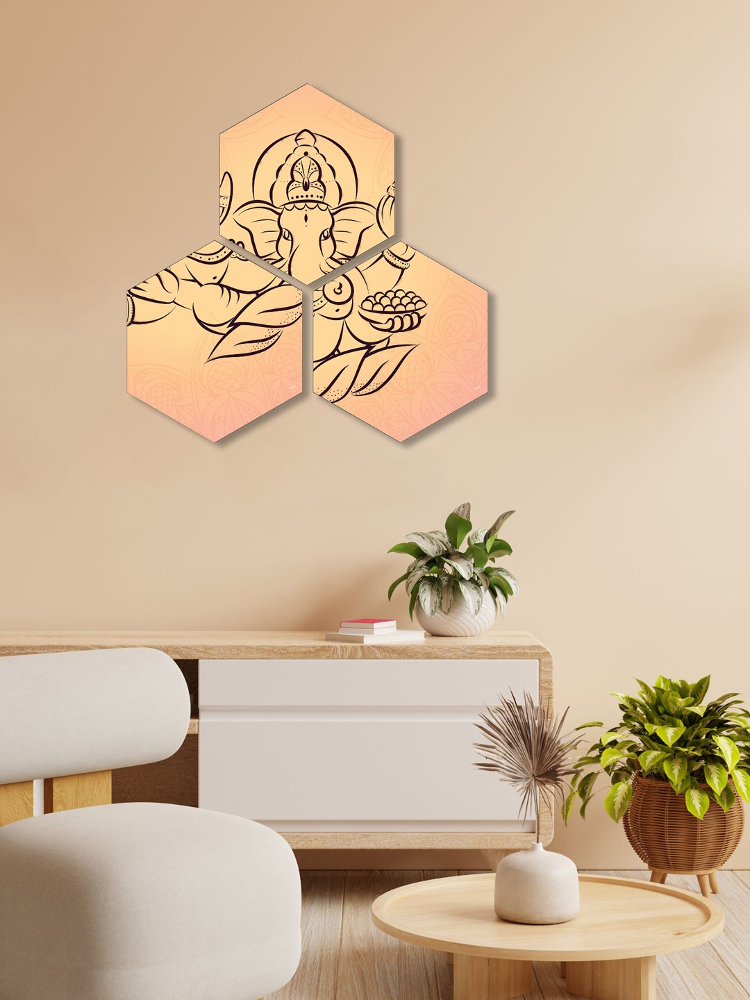 

SAF Peach & Beige 3 Pieces Hexagon Lord Ganesha Wall Art